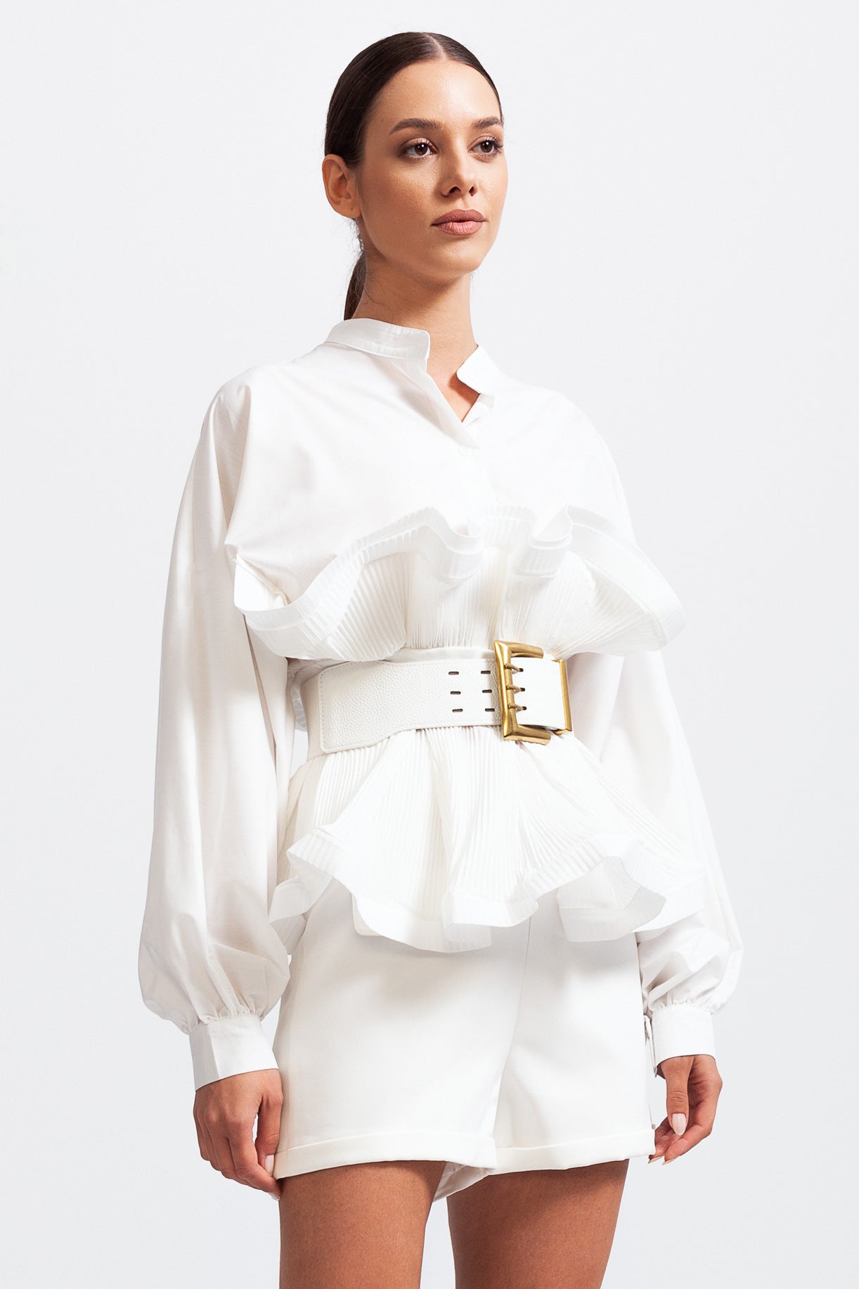 Ruffle Shirt with Massive Belt - White