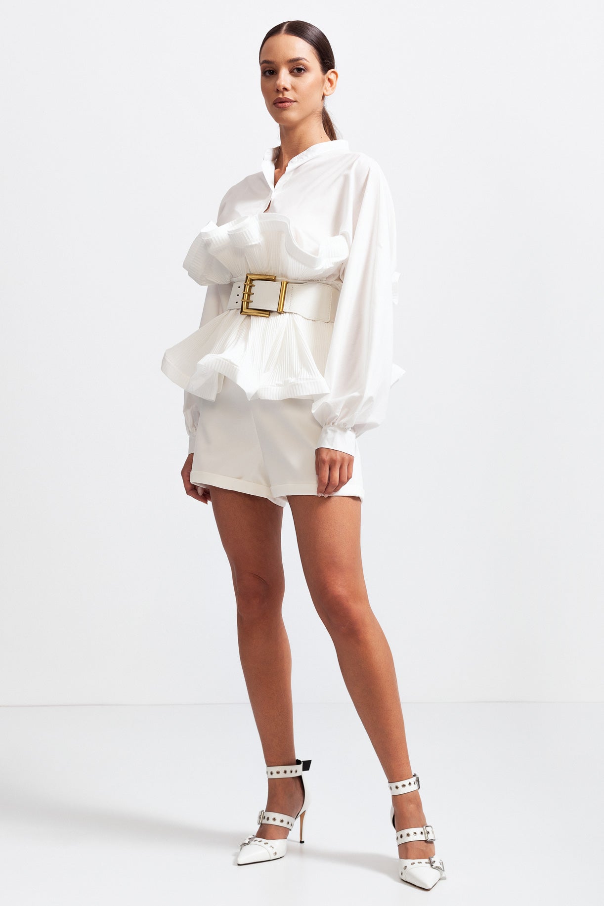 Ruffle Shirt with Massive Belt - White