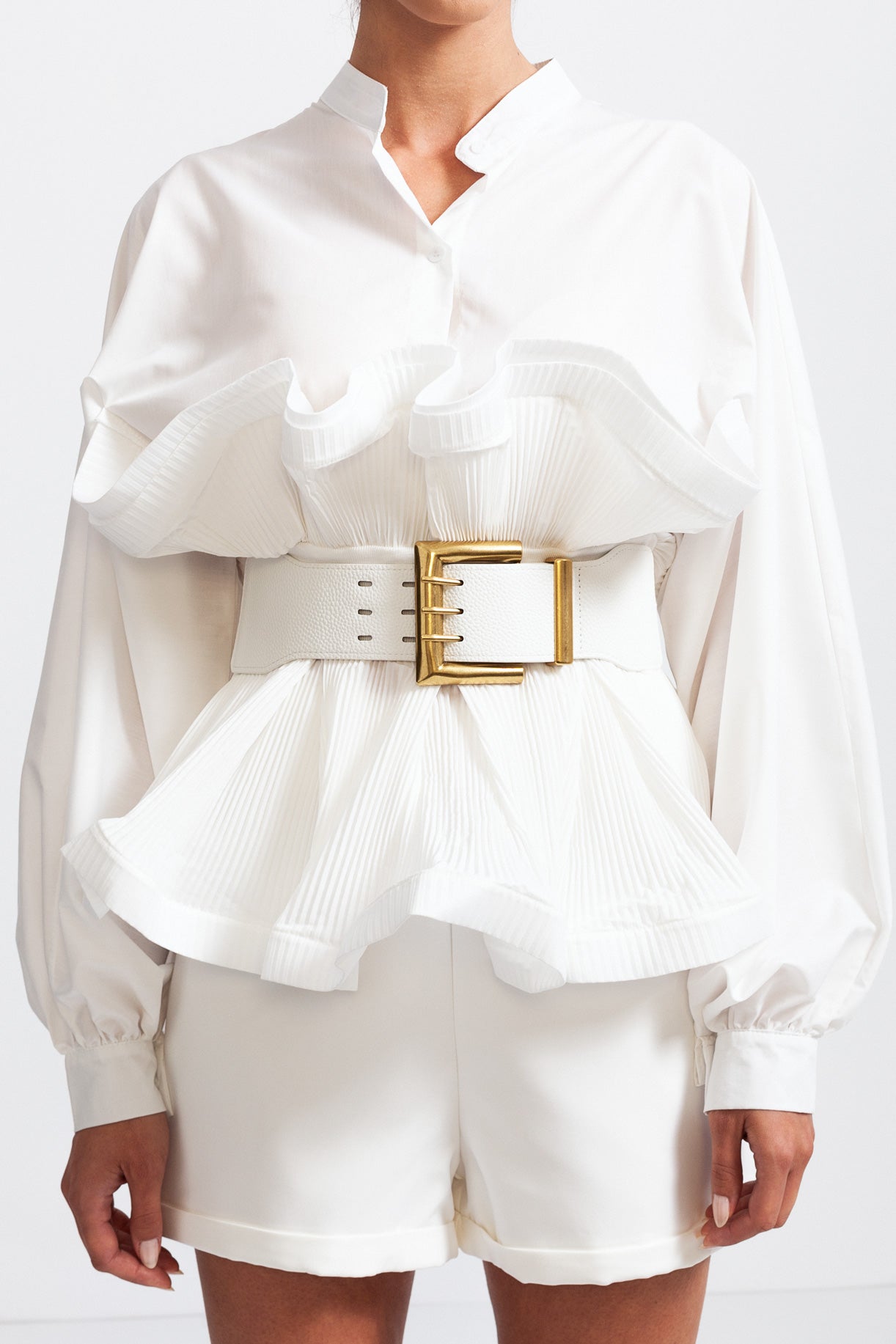 Ruffle Shirt with Massive Belt - White